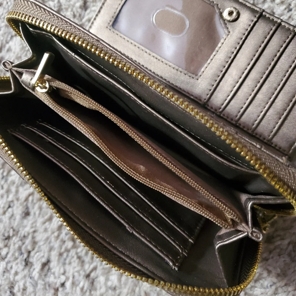 Target brown metallic flower applique clutch wallet wrist bag wristlet